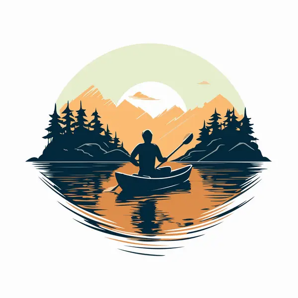 Kayaking Lake Vector Illustration Man Kayaking Lake — Stock Vector