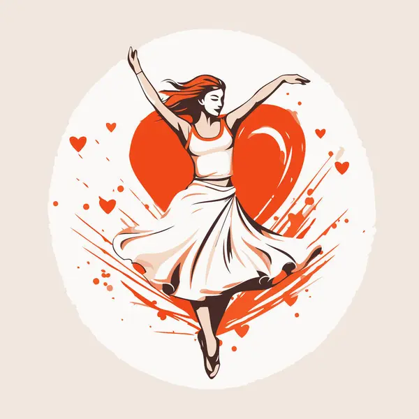 バレリーナ 心のバックグラウンドで踊る白いドレスのバレリーナのベクトルイラスト — ストックベクタ