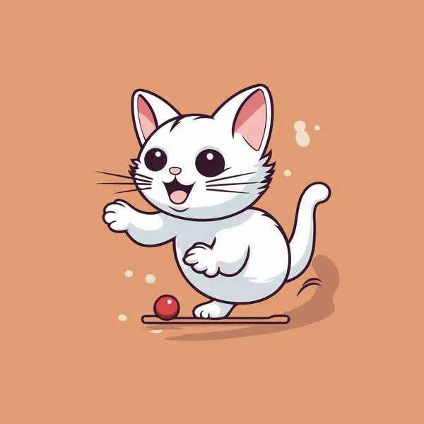 Cute Cartoon White Cat Playing Red Ball Vector Illustration — Stock Vector