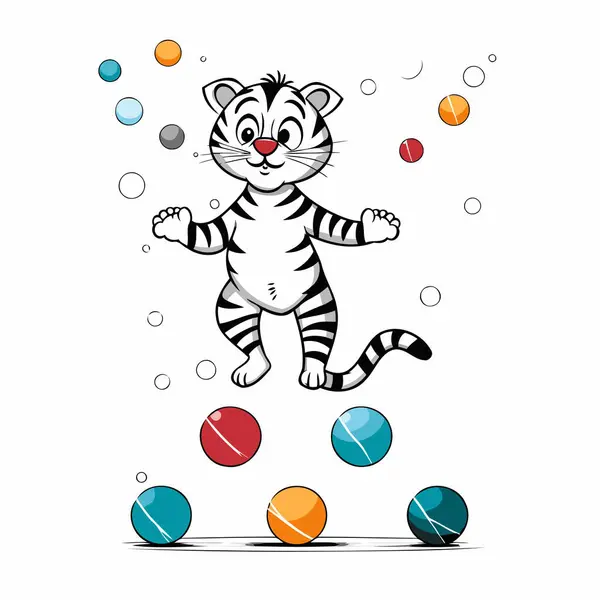 Vektor Illustration Eines Tigers Der Mit Farbigen Kugeln Auf Weißem — Stockvektor