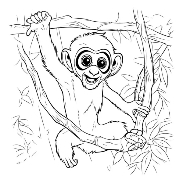 Ağaç Dalındaki Maymun Boyama Kitabı Için Tek Renkli Vektör Çizimi — Stok Vektör