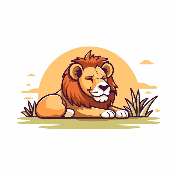 草の上に横たわっている漫画ライオン 白い背景のベクトルイラスト — ストックベクタ