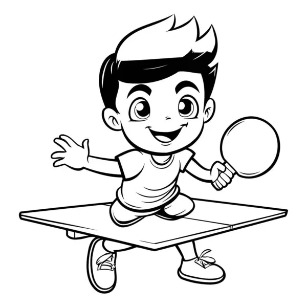 Garçon Jouant Tennis Table Illustration Dessin Animé Noir Blanc Vecteur — Image vectorielle