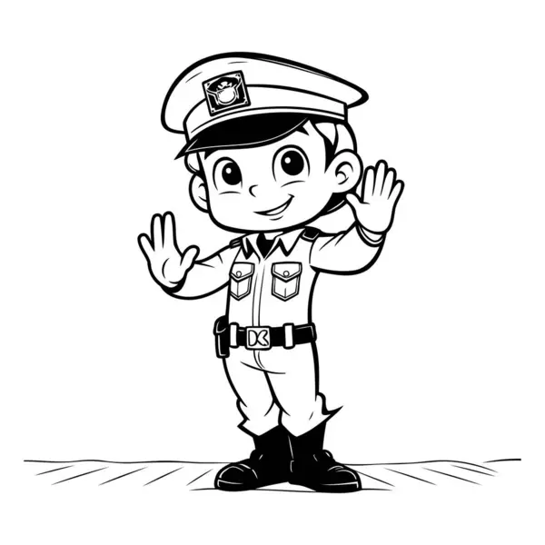 Netter Junge Polizeiuniform Winkt Mit Der Hand Vektorillustration — Stockvektor