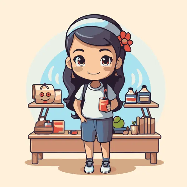 キッチンでかわいい女の子 ベクトル漫画キャラクターイラスト — ストックベクタ