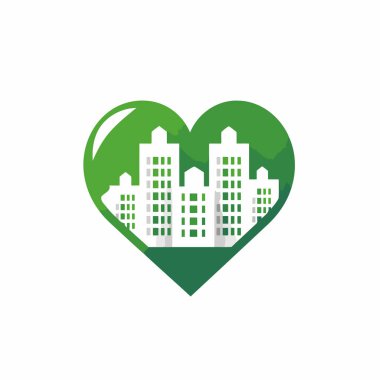 Şehir ve kalp ikonu düz renk şeklinde. Şehir binaları şehir mimarisi