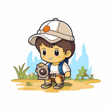 Yerde kamerası olan şirin bir çocuk. Vektör illüstrasyonu.