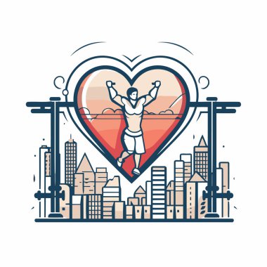 Arka planda şehir manzarası olan kalp şeklinde atlayan bir adamın vektör çizimi.
