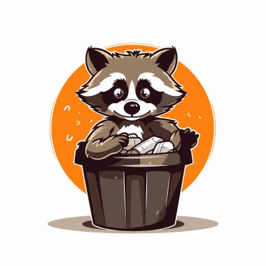 Çöp tenekesinde oturan sevimli rakun. Vektör illüstrasyonu.