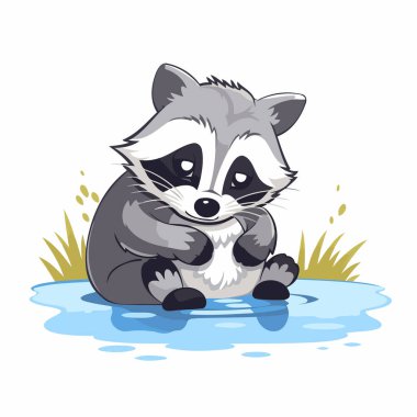 Suda oturan sevimli rakun. Vektör çizgi film illüstrasyonu.