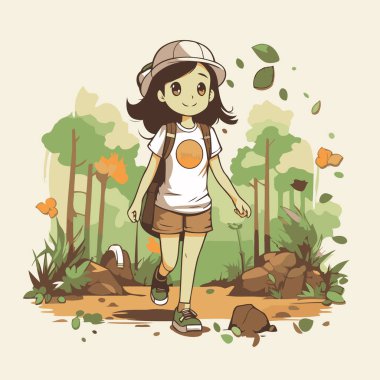 Sırt çantalı ve şapkalı bir kız ormanda yürüyor. Vektör illüstrasyonu.