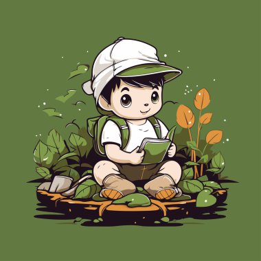 Bahçede kitap okuyan bir çocuk. Kitap okuyan bir çocuğun vektör illüstrasyonu.