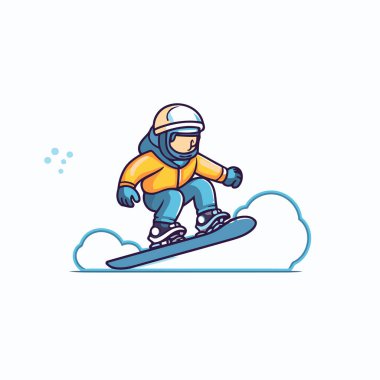 Snowboard 'cu kask takıyor ve snowboard yapıyor. Vektör illüstrasyonu.