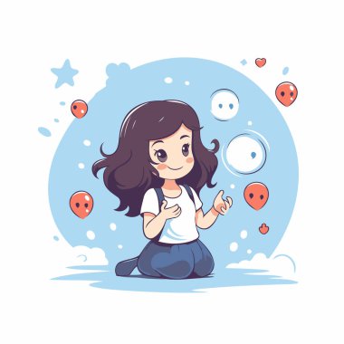 Sıradan kıyafetler içinde yerde oturmuş kameraya bakan sevimli küçük bir kız. Vektör illüstrasyonu.