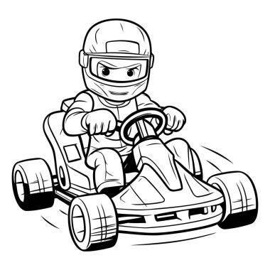 Miğferli ve go-kartlı kartçı çocuğun vektör çizimi