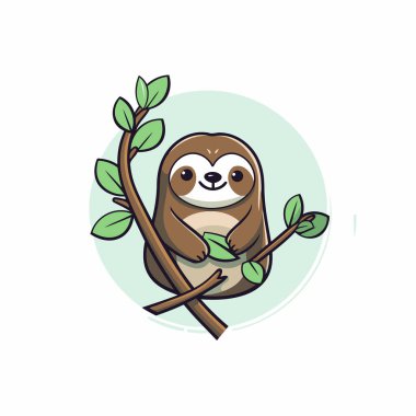 Ağaç dalında oturan şirin bir çizgi film tembel hayvanı. Vektör illüstrasyonu.