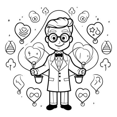 Balonlu sevimli çizgi film çocuğu. Boyama kitabı için siyah ve beyaz vektör çizimi.