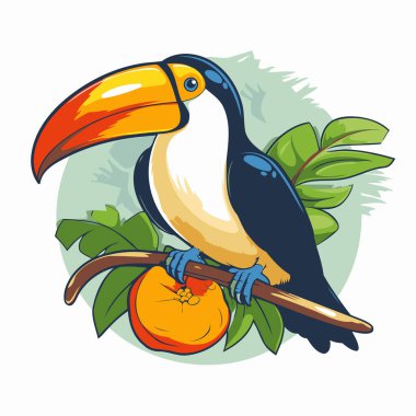 Meyveli bir dalda tukan kuşu. Vektör illüstrasyonu.