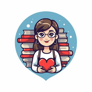 Kitapları ve kalbi olan bir kız öğrenci. Çizgi film tarzında vektör illüstrasyonu.