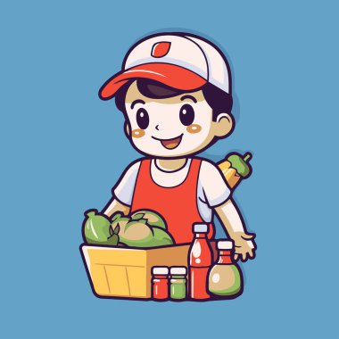 Çizgi film dağıtım elemanı elinde yiyecek dolu bir sepet tutuyor. Vektör illüstrasyonu.