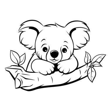 Ağaç dalında Koala. Siyah ve beyaz vektör çizimi.