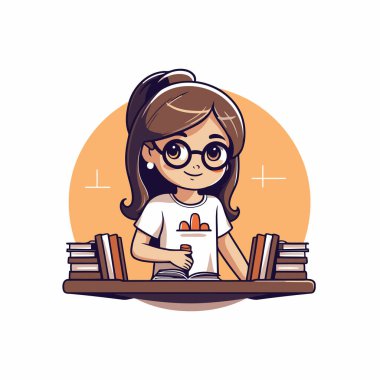 Kitap okuyan tatlı bir kız. Çizgi film tarzında vektör illüstrasyonu.