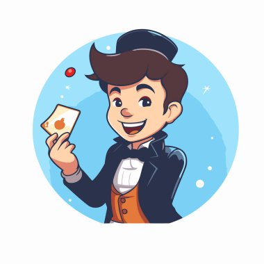 Krupiye iskambil kağıtlarını tutuyor. Çizgi film tarzında vektör illüstrasyonu.