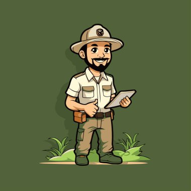 Gülümseyen safari kâşifi. Bir safari kaşifinin vektör çizimi.