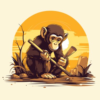 Elinde tahta bir sopayla maymun avcısı. Vektör illüstrasyonu.