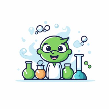 Laboratuvardaki şirin küçük yeşil uzaylı. Vektör düz çizgi film karakteri çizimi
