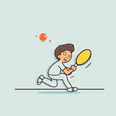 Çizgi filmci çocuk tenis oynuyor. Tenis oynayan bir çocuğun vektör illüstrasyonu.