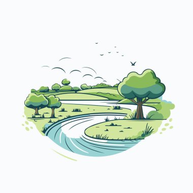 Bir nehrin vektör çizimi. Beyaz arka planda ağaçlar ve kuşlar