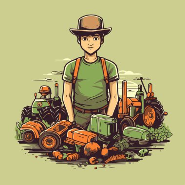 Traktörlü bir çiftçi. Traktörlü bir çiftçinin vektör çizimi.