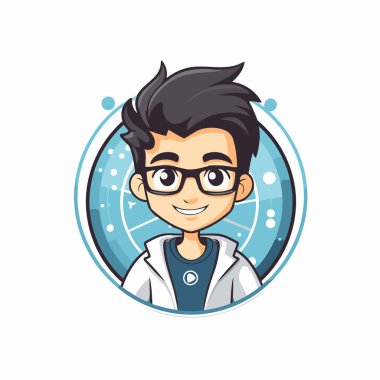 Laboratuvar önlüğü ve gözlüklü bir çocuğun vektör çizimi.