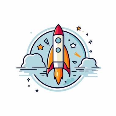 Düz çizgi şeklinde bir roket simgesi. Beyaz arkaplanda vektör illüstrasyonu.