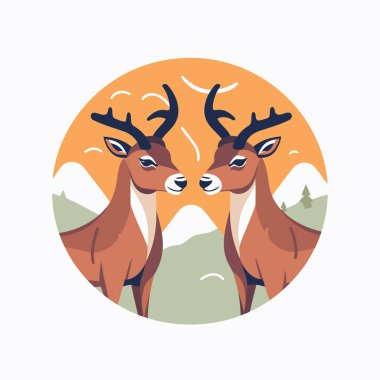 Dağlarda geyikler. Düz bir şekilde vektör illüstrasyonu.