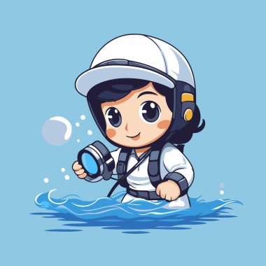 Uzay giysisi ve miğferi olan sevimli çizgi film çocuğu. Vektör illüstrasyonu.