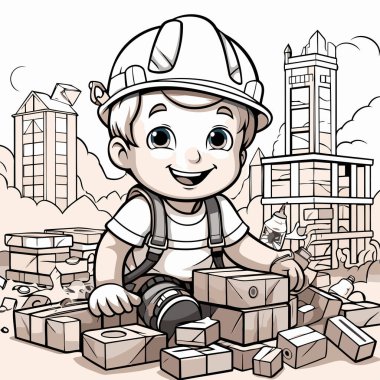 Çizgi film karakteri, miğferli inşaat işçisi bir ev inşa ediyor.