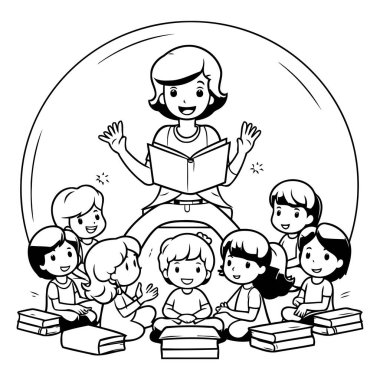 Öğretmen tasarımı olan çocuklar. Okul eğitimi öğrenim bilgisi ve sınıf temalı vektör illüstrasyonu