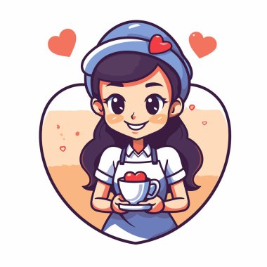 Bir fincan çayla tatlı bir kız. Çizgi film tarzında vektör illüstrasyonu.