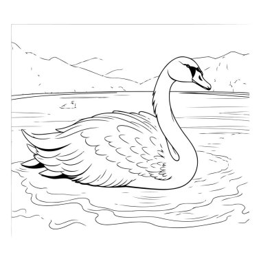Gölde kuğu. Boyama kitabı için siyah ve beyaz vektör çizimi.