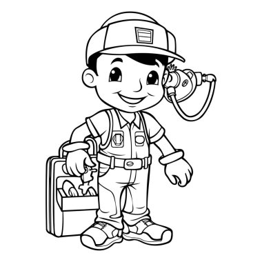 İnşaat Aletleri Giyen ve Bir Alet Kutusu Tutan Küçük Çocuğun Çizimi