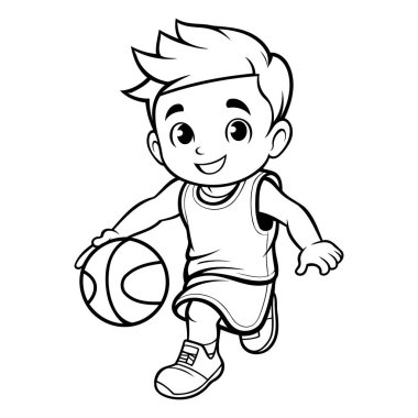 Basketbol oynayan çocuk. Çocuklar için boyama kitabı. Vektör illüstrasyonu.