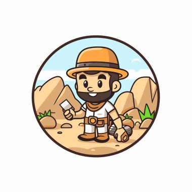 Bir safari kaşifinin çizimi çölde bir harita tutuyor.