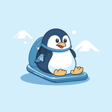 Kızaklı şirin penguen. Çizgi film tarzında vektör illüstrasyonu.