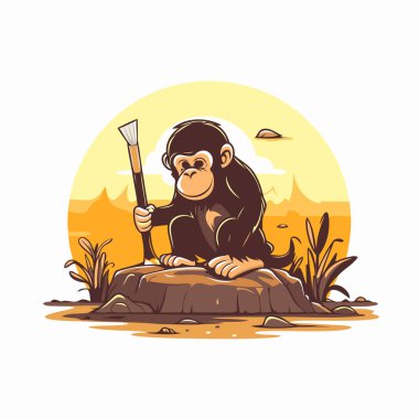 Savanda mızraklı bir maymun. Vektör illüstrasyonu.