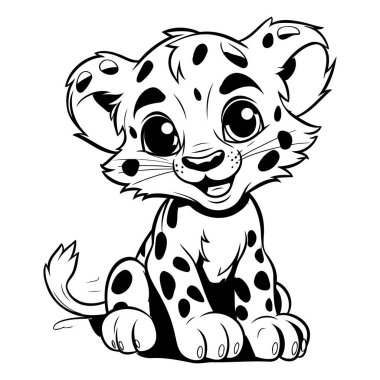 Sevimli leopar yavrusu çizgi film hayvanı siyah-beyaz vektör çizimi.