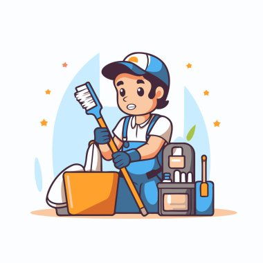 Temizlik işçisiyle temizlik aletleri. Çizgi film tarzında vektör illüstrasyonu