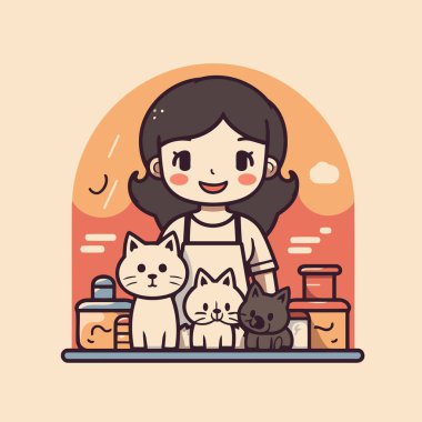 Kedileri olan sevimli çizgi film kızı. Düz bir şekilde vektör illüstrasyonu.