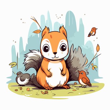 Sincap ve kuşlar. Sevimli çizgi film hayvanı. Vektör illüstrasyonu.